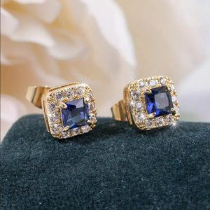 18K Gold Womens 1ct Blue Sapphire 2ct Diamond Square Stud Gemstone Earrings 2 ct